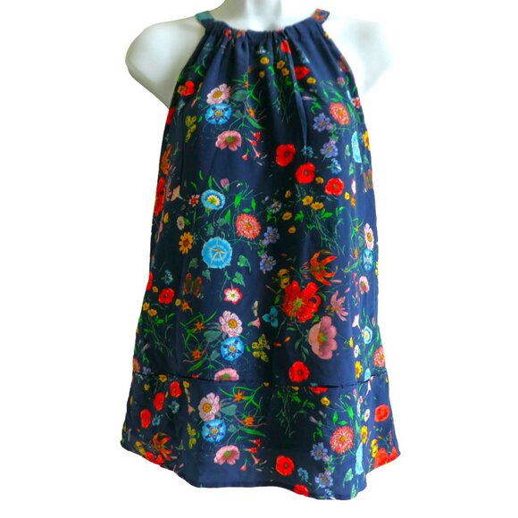 SiLK Ecru Brand Navy Floral Cami Top High Neck Keyhole Button Back Lined S Small - Picture 4 of 9